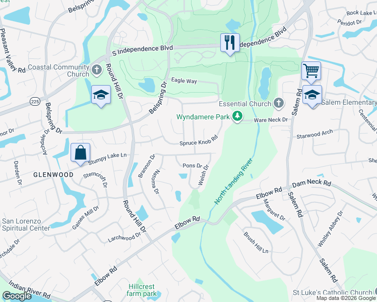 map of restaurants, bars, coffee shops, grocery stores, and more near 4225 Spruce Knob Road in Virginia Beach