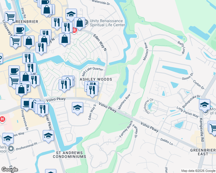 map of restaurants, bars, coffee shops, grocery stores, and more near 1305 Summerset Court in Chesapeake