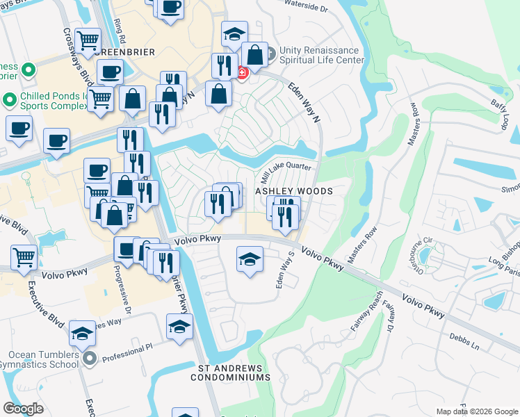 map of restaurants, bars, coffee shops, grocery stores, and more near 1205 Brookside Landing in Chesapeake