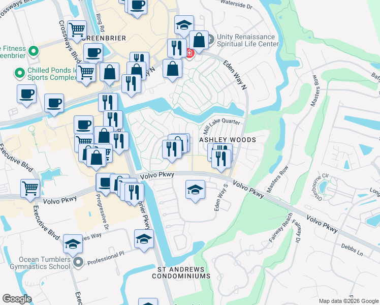 map of restaurants, bars, coffee shops, grocery stores, and more near 1205 Brookside Landing in Chesapeake