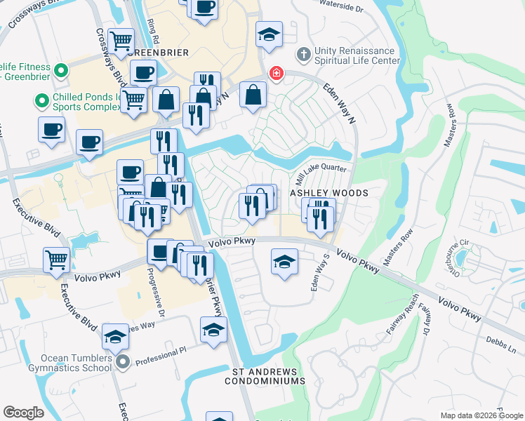 map of restaurants, bars, coffee shops, grocery stores, and more near 1108 Kings Mill Court in Chesapeake