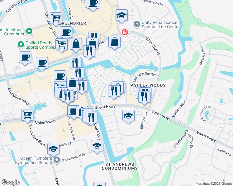 map of restaurants, bars, coffee shops, grocery stores, and more near 1108 Kings Mill Court in Chesapeake
