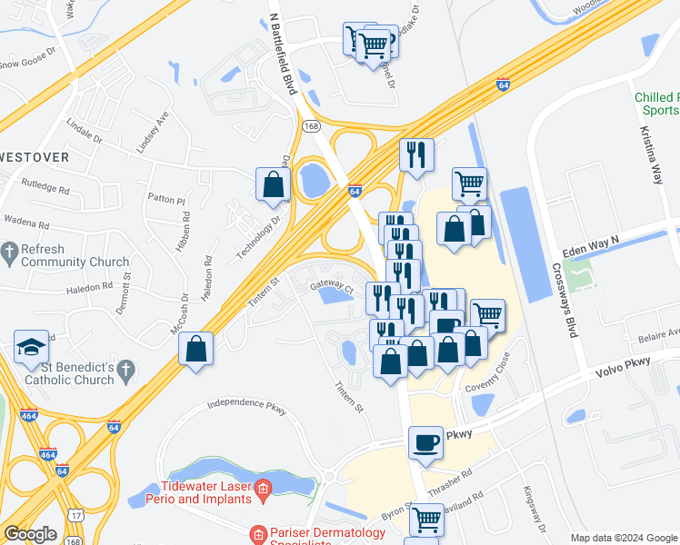 map of restaurants, bars, coffee shops, grocery stores, and more near 113 Gateway Court in Chesapeake