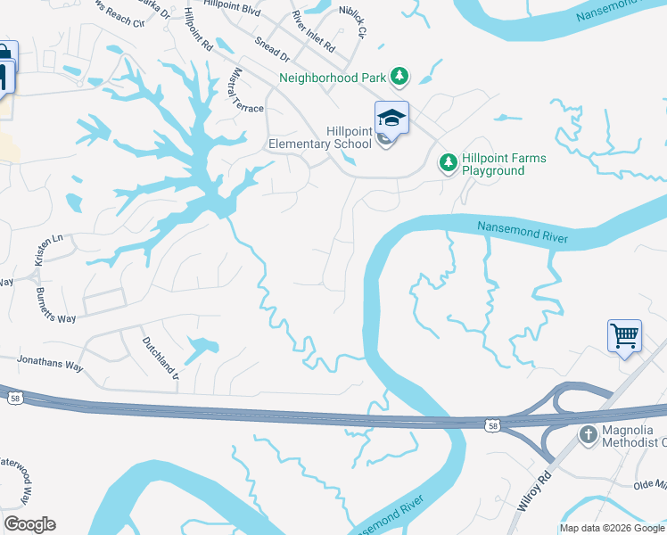 map of restaurants, bars, coffee shops, grocery stores, and more near 2865 Cross Landing Drive in Suffolk