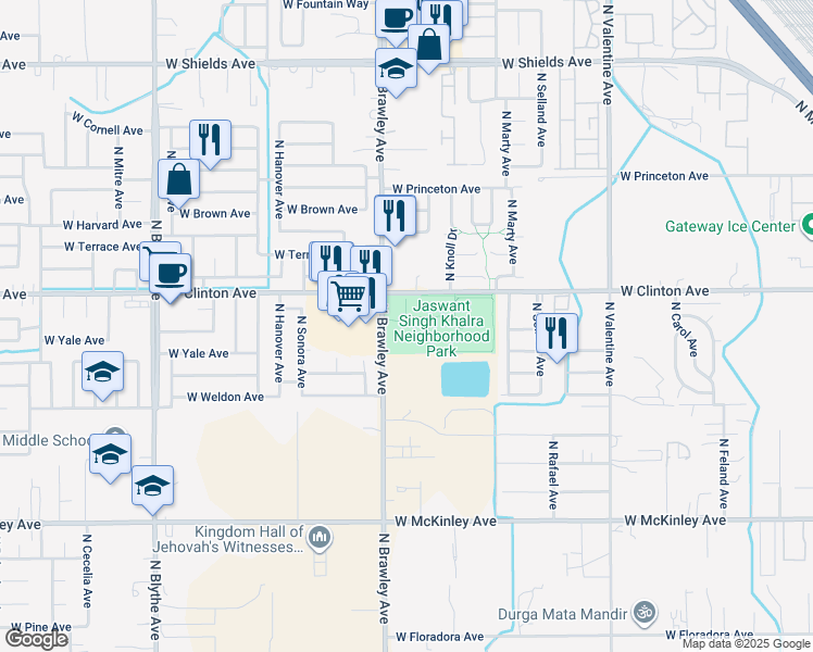 map of restaurants, bars, coffee shops, grocery stores, and more near 3861 West Clinton Avenue in Fresno