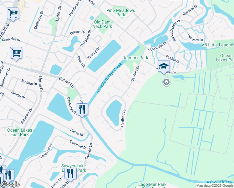 map of restaurants, bars, coffee shops, grocery stores, and more near 2032 Haviland Drive in Virginia Beach