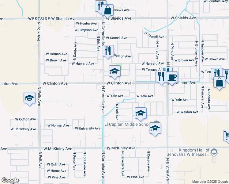 map of restaurants, bars, coffee shops, grocery stores, and more near 4733 West Vassar Avenue in Fresno