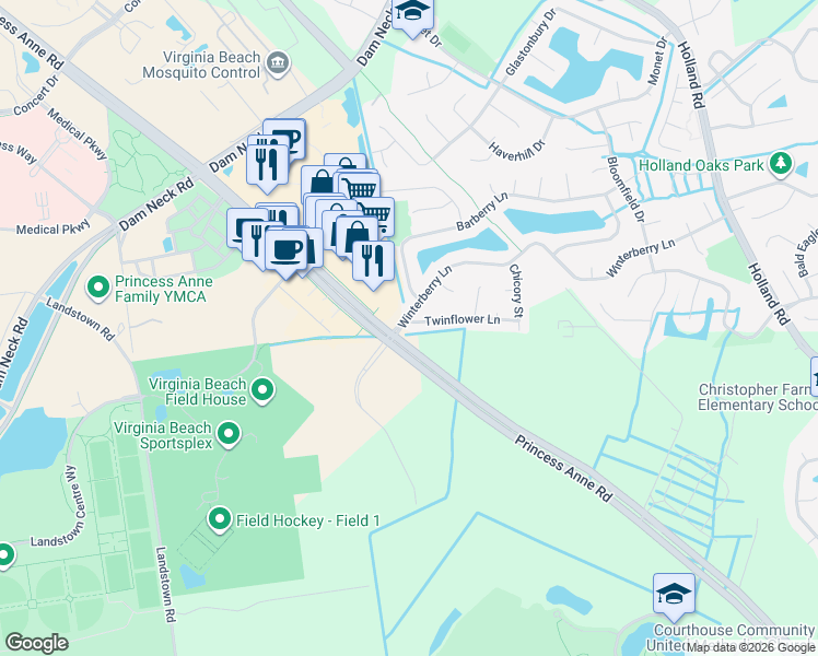 map of restaurants, bars, coffee shops, grocery stores, and more near 3293 Twinflower Lane in Virginia Beach