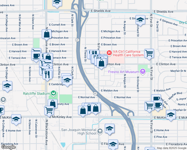 map of restaurants, bars, coffee shops, grocery stores, and more near 2366 East Yale Avenue in Fresno