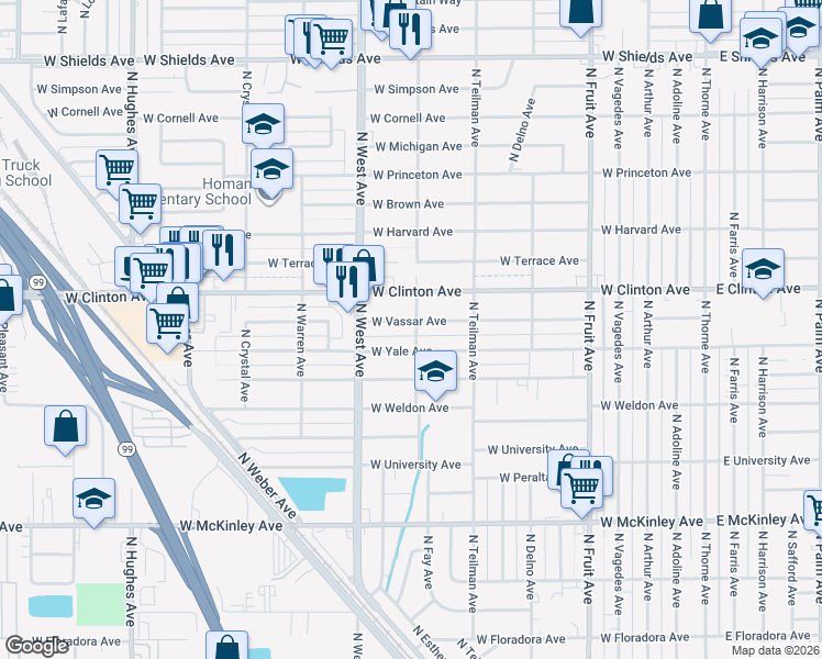 map of restaurants, bars, coffee shops, grocery stores, and more near 1103 West Vassar Avenue in Fresno