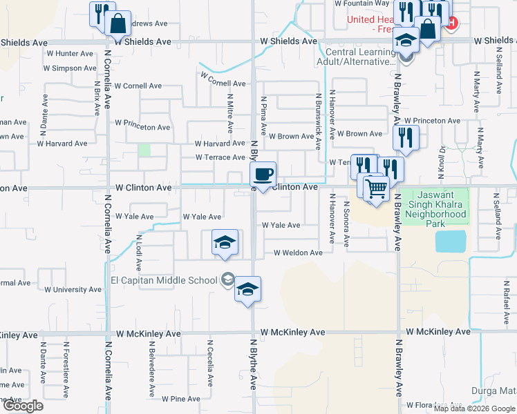 map of restaurants, bars, coffee shops, grocery stores, and more near 4396 West Vassar Avenue in Fresno