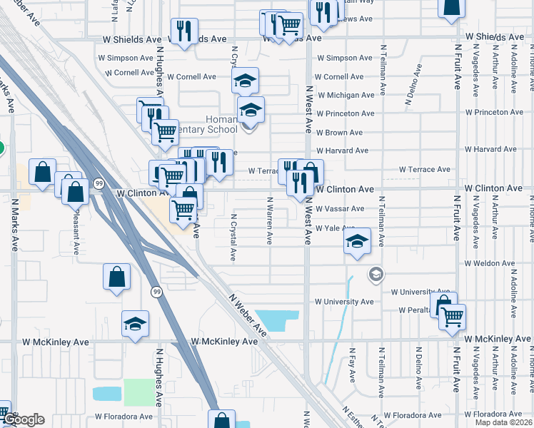map of restaurants, bars, coffee shops, grocery stores, and more near 1507 West Vassar Avenue in Fresno