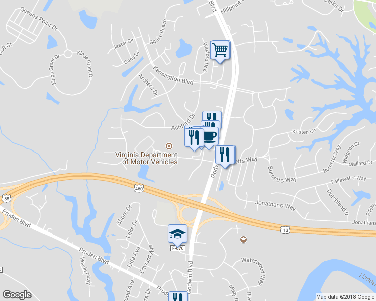map of restaurants, bars, coffee shops, grocery stores, and more near 1032 Centerbrooke Lane in Suffolk