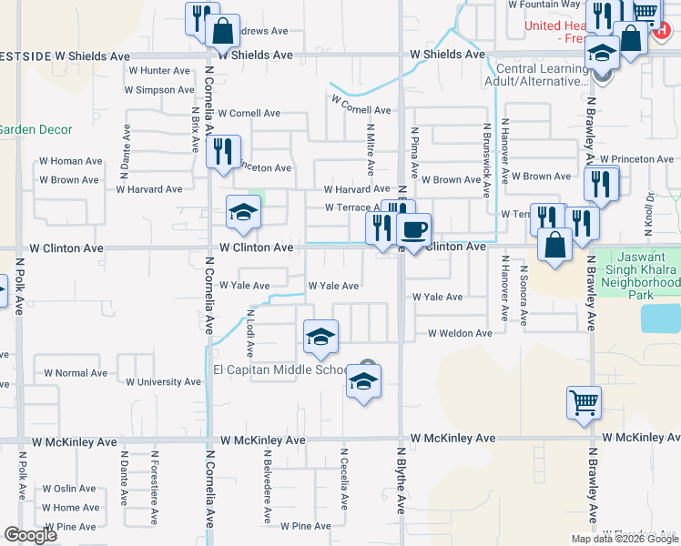 map of restaurants, bars, coffee shops, grocery stores, and more near 2351 North Katy Avenue in Fresno