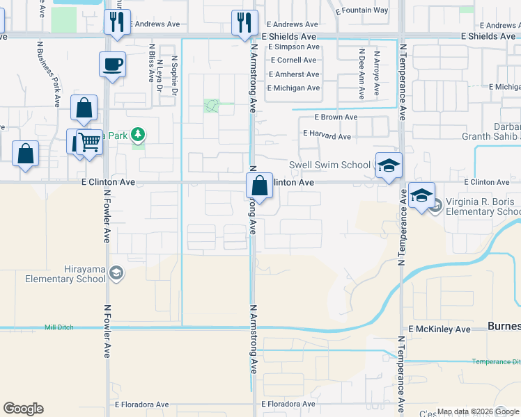 map of restaurants, bars, coffee shops, grocery stores, and more near 2408 North Armstrong Avenue in Fresno