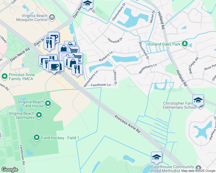 map of restaurants, bars, coffee shops, grocery stores, and more near 3221 Twinflower Lane in Virginia Beach