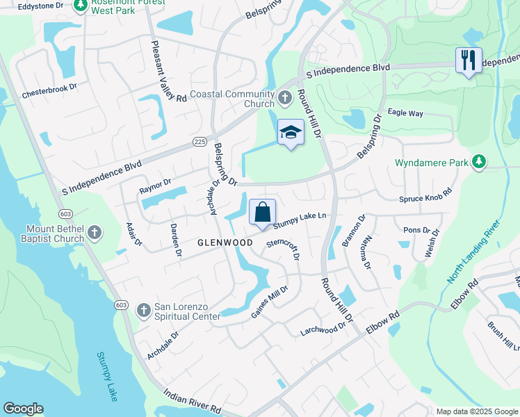 map of restaurants, bars, coffee shops, grocery stores, and more near 2429 Creekmore Court in Virginia Beach