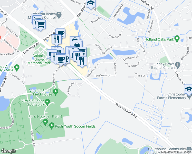 map of restaurants, bars, coffee shops, grocery stores, and more near 3269 Twinflower Lane in Virginia Beach