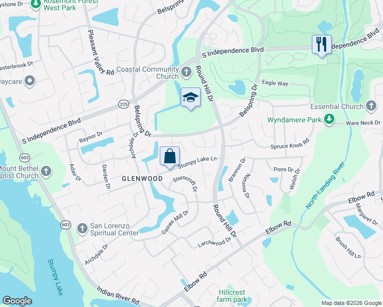 map of restaurants, bars, coffee shops, grocery stores, and more near 1060 Creekview Ridge Court in Virginia Beach