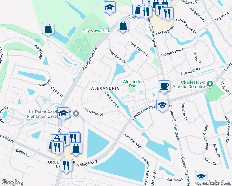 map of restaurants, bars, coffee shops, grocery stores, and more near 5580 Cabin John Drive in Virginia Beach