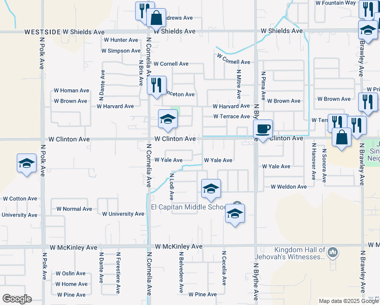 map of restaurants, bars, coffee shops, grocery stores, and more near 4643 West Vassar Avenue in Fresno