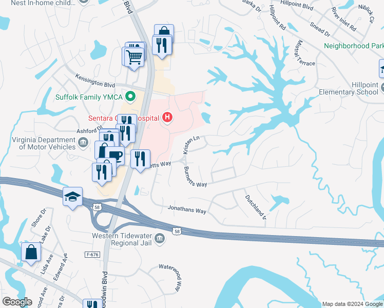map of restaurants, bars, coffee shops, grocery stores, and more near 104 Elmington Way in Suffolk