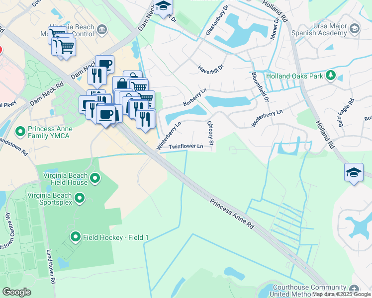 map of restaurants, bars, coffee shops, grocery stores, and more near 3245 Twinflower Lane in Virginia Beach