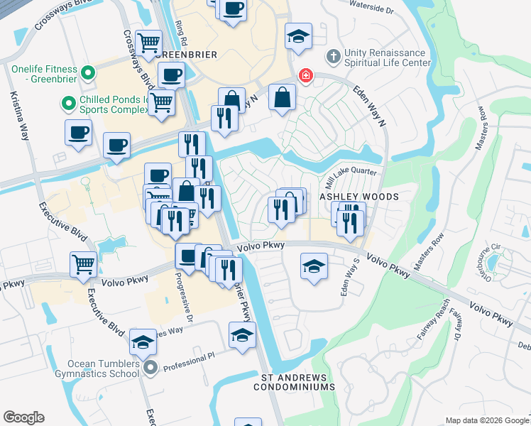 map of restaurants, bars, coffee shops, grocery stores, and more near 932 Sugar Tree Court in Chesapeake