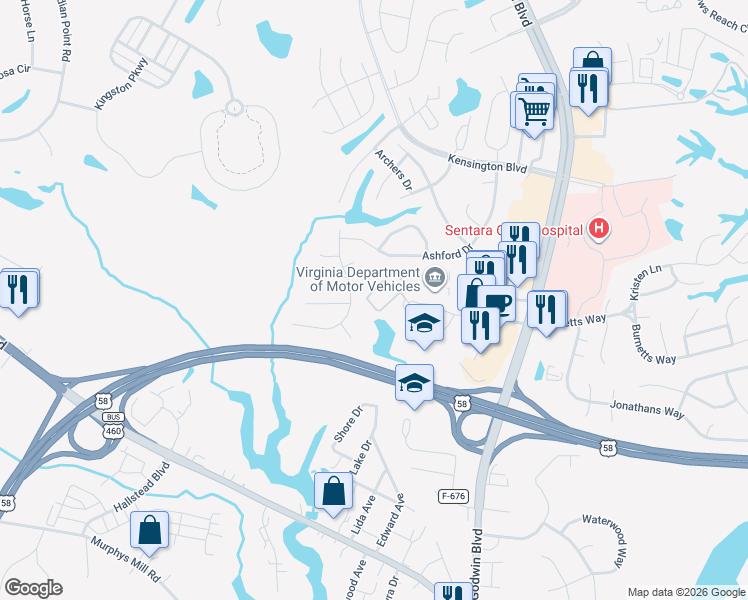map of restaurants, bars, coffee shops, grocery stores, and more near 119 Berkshire Boulevard in Suffolk