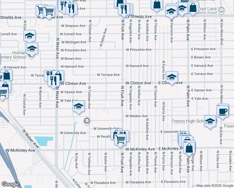 map of restaurants, bars, coffee shops, grocery stores, and more near 535 West Vassar Avenue in Fresno