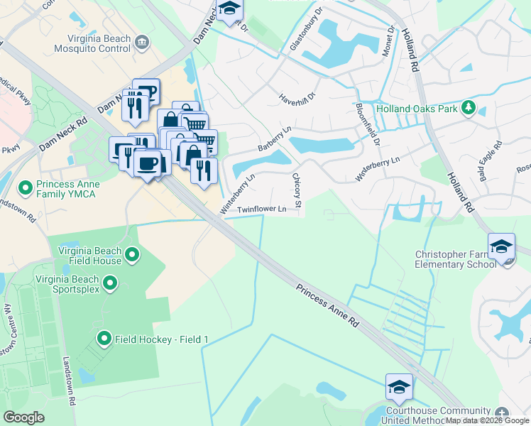 map of restaurants, bars, coffee shops, grocery stores, and more near 3257 Twinflower Lane in Virginia Beach