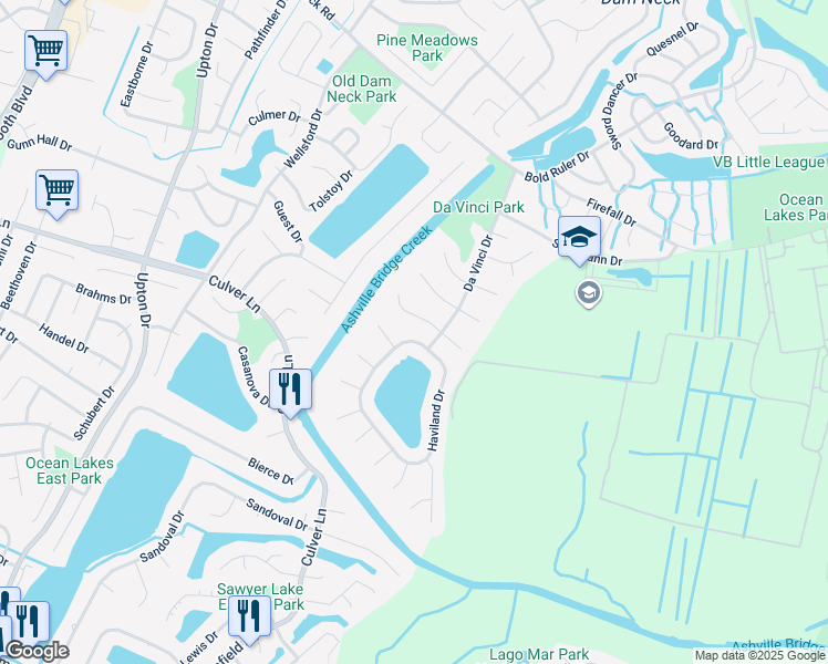 map of restaurants, bars, coffee shops, grocery stores, and more near 2032 Haviland Drive in Virginia Beach