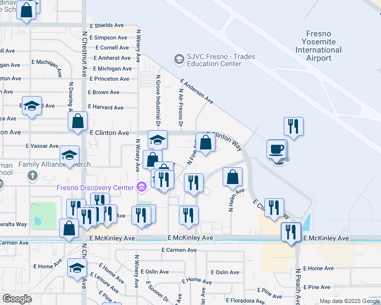 map of restaurants, bars, coffee shops, grocery stores, and more near 2211 North Fine Avenue in Fresno