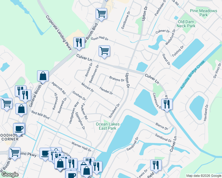 map of restaurants, bars, coffee shops, grocery stores, and more near 1916 Ravel Drive in Virginia Beach