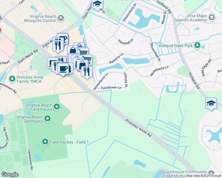map of restaurants, bars, coffee shops, grocery stores, and more near 3245 Twinflower Lane in Virginia Beach