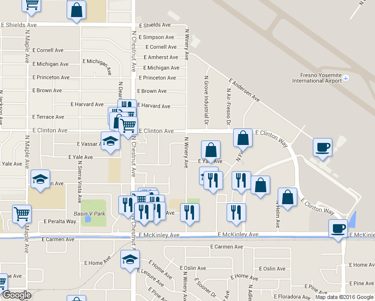 map of restaurants, bars, coffee shops, grocery stores, and more near 2212 North Winery Avenue in Fresno