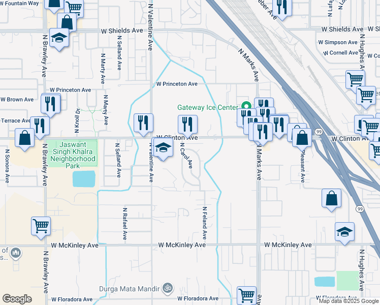 map of restaurants, bars, coffee shops, grocery stores, and more near 3245 West Vassar Avenue in Fresno