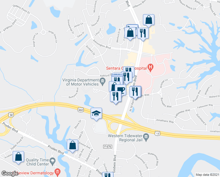 map of restaurants, bars, coffee shops, grocery stores, and more near 1036 Centerbrooke Lane in Suffolk