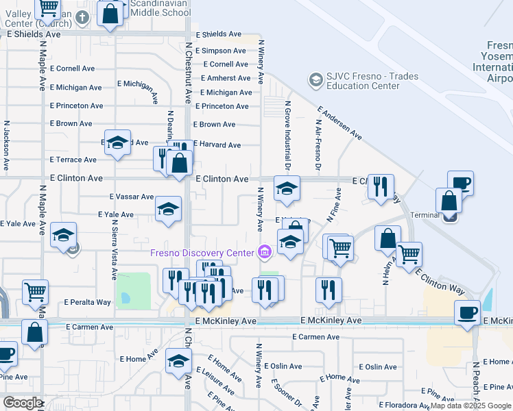 map of restaurants, bars, coffee shops, grocery stores, and more near 2212 North Winery Avenue in Fresno