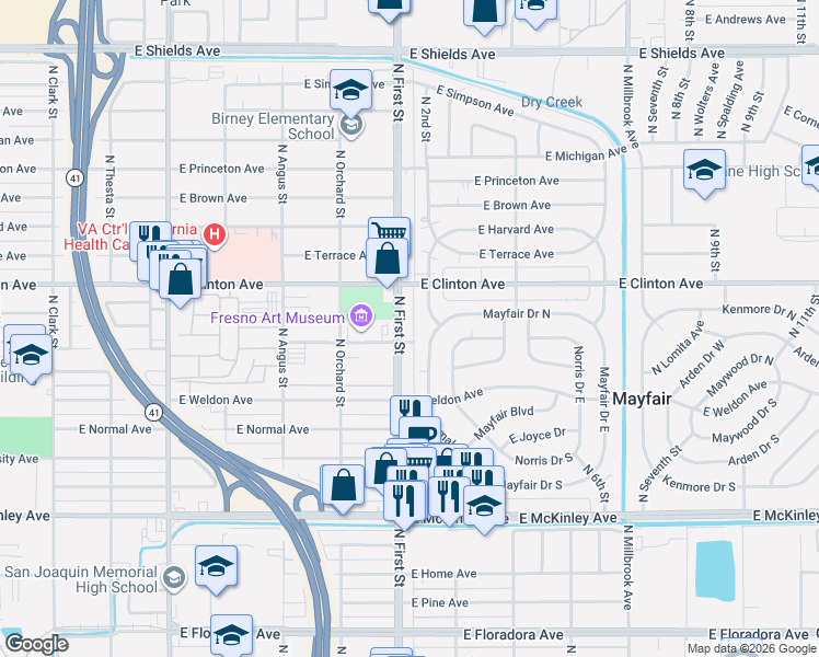 map of restaurants, bars, coffee shops, grocery stores, and more near 2236 North First Street in Fresno
