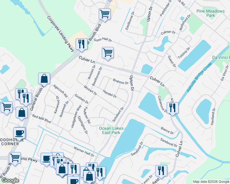 map of restaurants, bars, coffee shops, grocery stores, and more near 1916 Ravel Drive in Virginia Beach