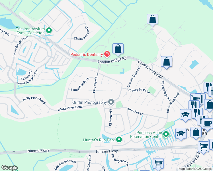 map of restaurants, bars, coffee shops, grocery stores, and more near 1912 Shady Lane in Virginia Beach