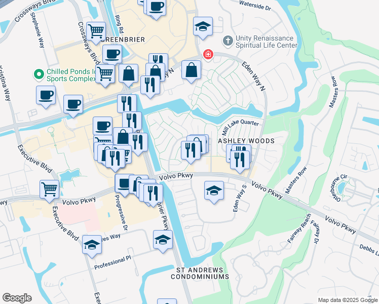 map of restaurants, bars, coffee shops, grocery stores, and more near 1108 Kings Mill Court in Chesapeake