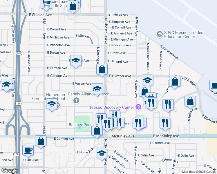 map of restaurants, bars, coffee shops, grocery stores, and more near 4807 East Yale Avenue in Fresno