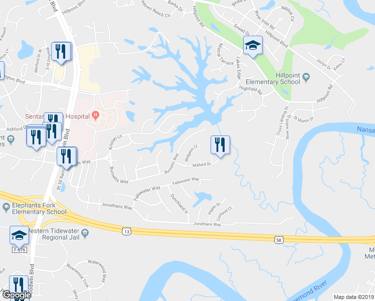 map of restaurants, bars, coffee shops, grocery stores, and more near 213 Widgeon Court in Suffolk