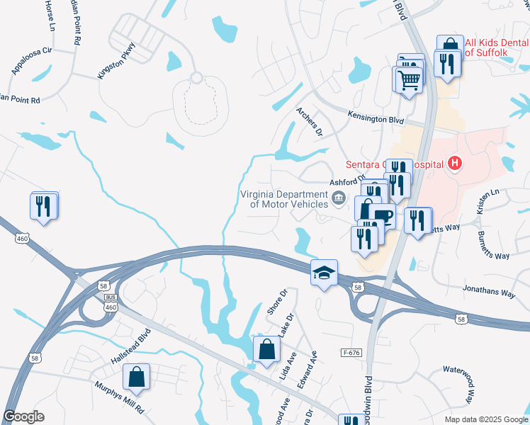 map of restaurants, bars, coffee shops, grocery stores, and more near 506 Kemp Landing in Suffolk