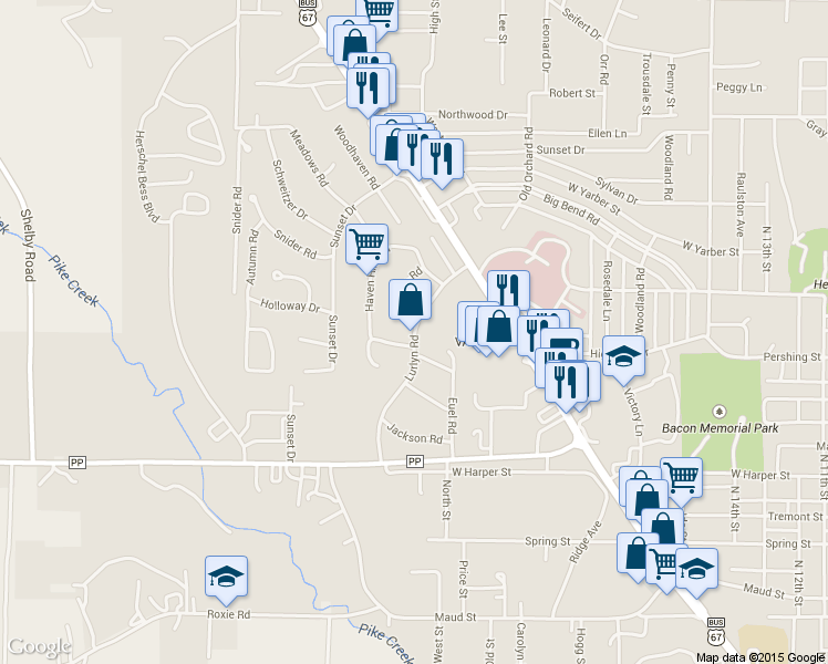 map of restaurants, bars, coffee shops, grocery stores, and more near 1507 Lurlyn Road in Poplar Bluff