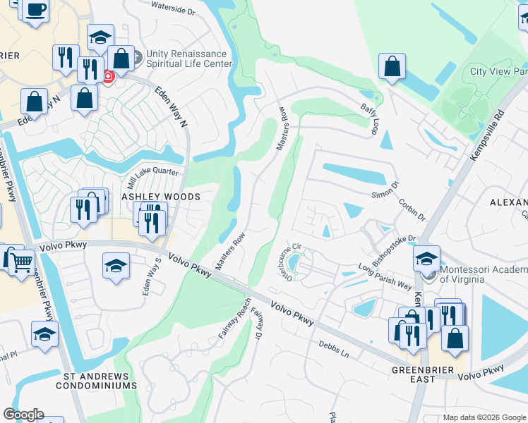 map of restaurants, bars, coffee shops, grocery stores, and more near 1305 Niblick Court in Chesapeake