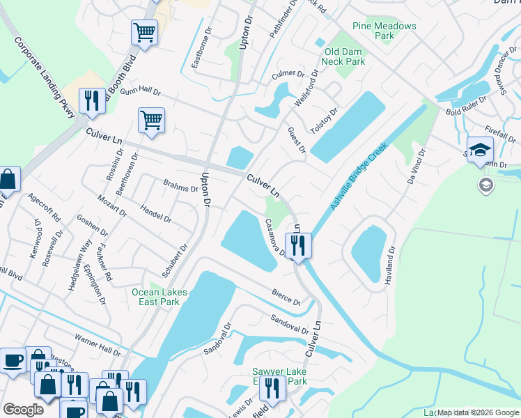 map of restaurants, bars, coffee shops, grocery stores, and more near 1068 Casanova Drive in Virginia Beach