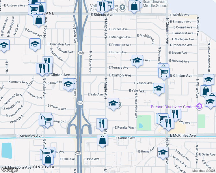 map of restaurants, bars, coffee shops, grocery stores, and more near 2228 North Maple Avenue in Fresno